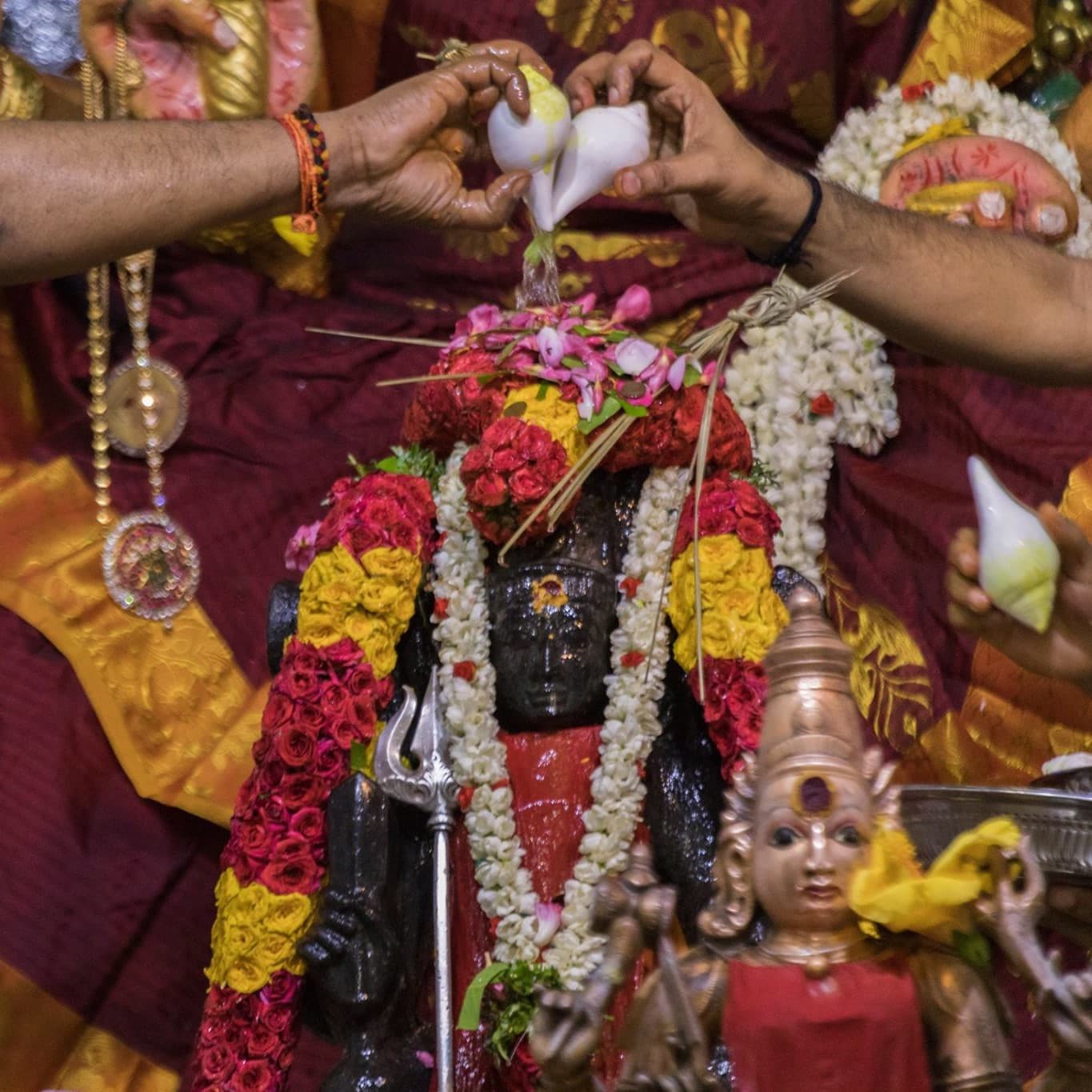 சங்காபிஷேகத்தின்போது மாலைகள் சூட்டப்பட்ட திருமேனிமீது சங்குகளிலிருந்து நீர் அபிஷேகம் செய்யப்படுகிறது.